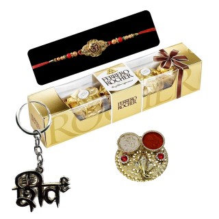 Om Rakhi for Brother with Chocolate and Mahakal Metal Key Chain with Roli Chawal Chopra