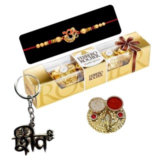 Om Rakhi for Brother with Chocolate and Mahakal Metal Key Chain with Roli Chawal Chopra
