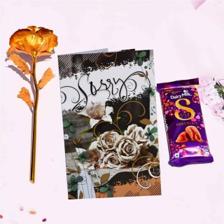 Sorry Gift Combo - Sorry Greeting Card, Artificial Golden Rose and Chocolate