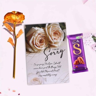 Sorry Gift Combo - Sorry Greeting Card, Artificial Golden Rose and Chocolate