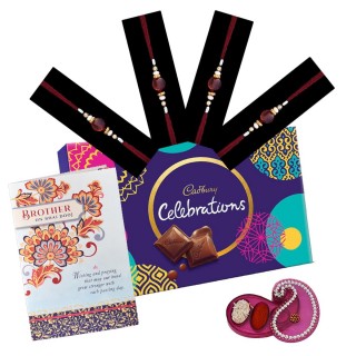Bhai Dooj Chocolate Gift - Pack of 4 Thread/Dora for Brother - Greeting Card & Roli Chawal Pack