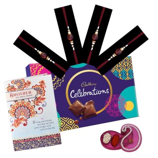 Bhai Dooj Chocolate Gift - Pack of 4 Thread/Dora for Brother - Greeting Card & Roli Chawal Pack