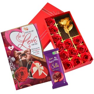 Valentine Gift for Girlfriend, Boyfriend, Wife - Love Greeting Card, Love Gift Box (Golden Rose and 12 Red Rose Flowers), Chocolate