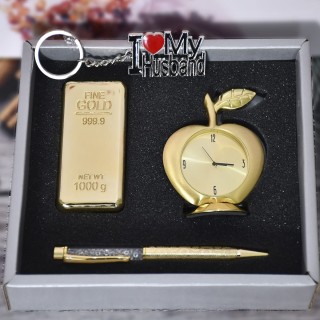 Gift for Husband - Apple Clock, Crystal Pen, Paper Weight & I Love My Husband Keychain