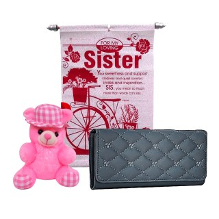 Rakhi Gift for Sister - Soft Toy, Scroll Card & Women's Wallet