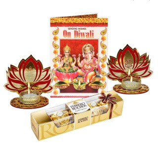 Diwali Gift - Lotus Tealight Candle Holder with Tealight candles, Diwali Greeting Card with Chocolate