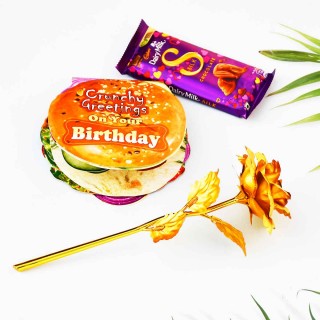 Happy Birthday Gift Combo - Burger Theme Birthday Greeting Card, Golden Rose and Silk Chocolate