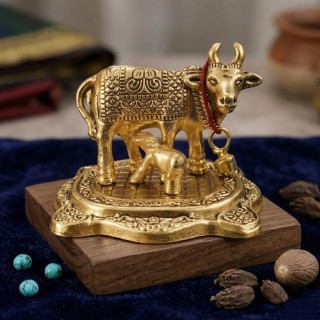 Golden Cow with Calf Statue for Pooja, Home Decor, Vastu Gift