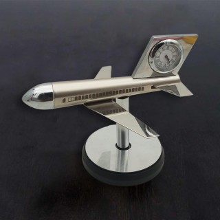 Silver Rotating Aeroplane Table Clock Showpiece for Corporate Gifting