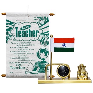 Gift for Teachers - Teacher Scroll Card, Indian Flag with Table Clock and Ganesha Idol Metal Showpiece