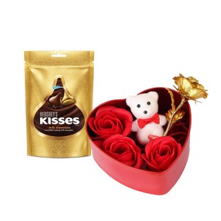 Best Romantic Gifts for Girls, Boys - Chocolate, Heart Shape Box with Small Teddy, 1 Golden Rose and 3 Red Rose