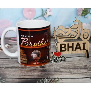 Best Gift for Brother - Ceramic Mug, I Love Bro Keychain and Wooden Showpiece