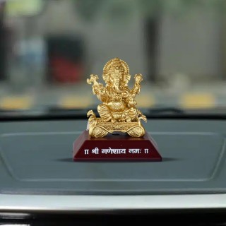 Metal Golden Ganesha Idol for Car Dashboard and Home Decor - Good Luck Gift