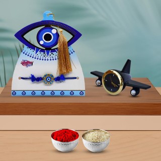 Evil Eye Rakhi For Brother with Gift Airplane Table Clock Showpiece