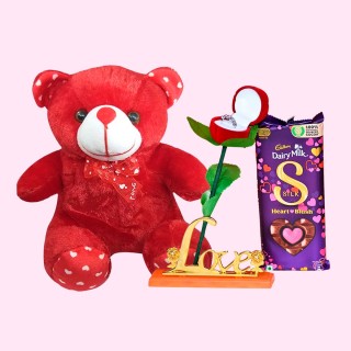 Love Gift for Girlfriend, Wife - Soft Teddy Bear, Red Rose Ring Box with Love Stand and Silk Chocolate - Valentine Day - Birthday - Anniversary Gift