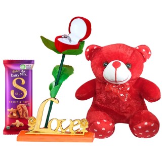 Love Gift for Girlfriend, Wife - Soft Teddy Bear, Red Rose Ring Box with Love Stand and Silk Chocolate - Valentine Day - Birthday - Anniversary Gift