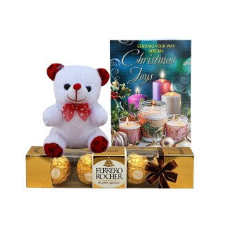 Cute Teddy Bear And Premium Chocolates Box With Christmas Day Greeting Card