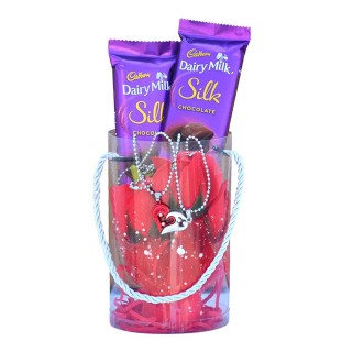 2 Dairy Milk Chocolate 55g-bunch of 3 Artificial Red Roses & Heart shape couple locket