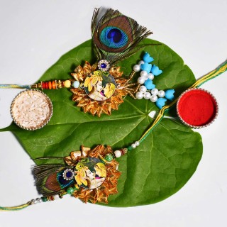 Radha Krishna Rakhi Pair for Bhaiya and Bhabhi with Roli Chawal