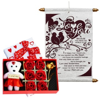 Love Gift Combo - Love Message Scroll Card & Red Rose Gift Box With Teddy