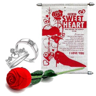 Velvet Red Rose Ring Box With Beautiful Couple Rings & Love Scroll Card 30cm