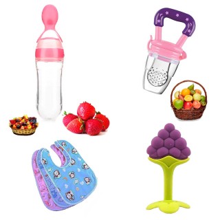 Feeding Bottle, Teether, Fruit Nibbler and Feeding Bibs for Newborn Baby (Pack of 4)