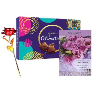 Sorry Card with Chocolate & Artificial Red Rose Flower Golden Leaf