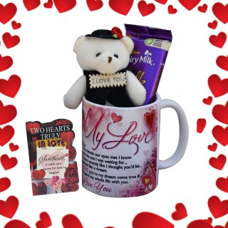 Love Gift for Girlfriend, Boyfriend - Ceramic Mug with Chocolate, Small Teddy and Greeting Card - Valentine Day