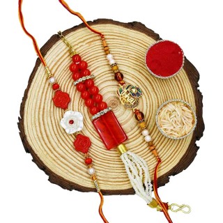 Rakhi for Brother and Bhabhi with Stone Bracelet and Roli Chawal Tilak Set