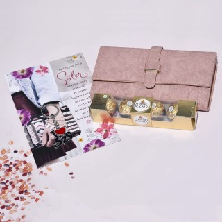 Gift Combo for Sister - Greeting Card, Hand Purse, I Love Sis Keychain and Chocolate Pack