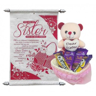 Rakhi Gift for Sister - Scroll Card, Soft Toy & Basket with Chocolates
