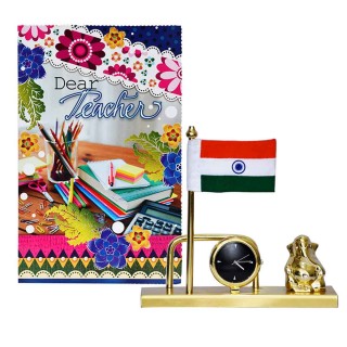 Gift for Teacher - Greeting Card - Indian Flag with Lord Ganesha Idol and Analog Clock Showpiece