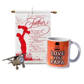 Father Scroll Card With Coffee Mug And Metal Table Clock Showpiece