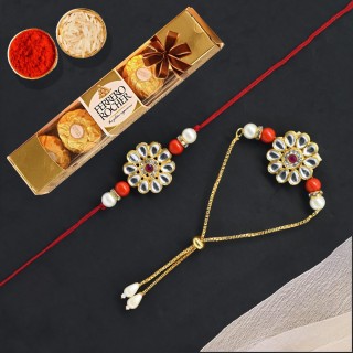 Rakhi for Bhaiya & Bhabhi - Kundan Rakhi Combo & Floral Lumba Bracelet with Chocolate Gift