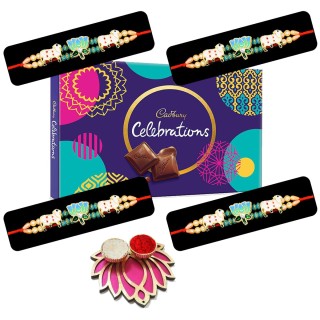 Traditional Rakhi Gift for Brother - Cow Rakhi (Pack of 4) with Chocolate & Lotus Roli Chawal Platter