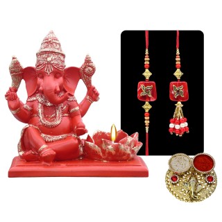 Rakhi Gift Hamper for Bhaiya Bhabhi - Swastik Rakhi with Lord Ganesha Idol & Roli Chawal Chopra