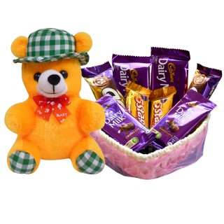 Rakhi Gift for Younger Sister - Soft Teddy Bear and Chocolate Basket Hamper