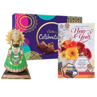 New Year Good Luck Gift - Khatu Shyam Ji Murti, Greeting Card, Chocolate Celebration Box