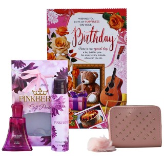 Set Of Birthday Greeting Card With Hand Clutch And Perfume & Deo Set