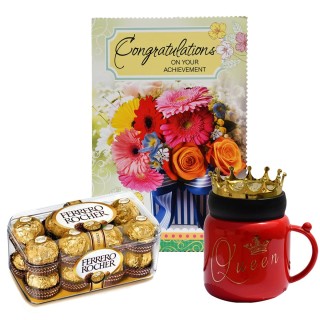 Congratulations Greeting Card With Queen Crown Coffee Mug And Chocolate Box
