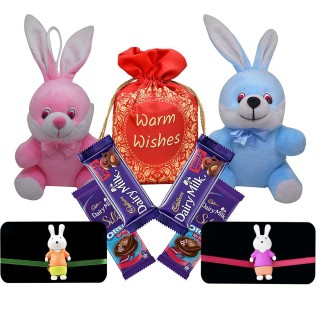 Kids Rakhi Combo with Rabbit Soft Toys Gift and Dairy Milk Chocolate in Designer Potli