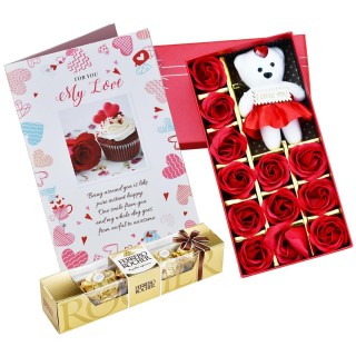 Love Gift for Boyfriend, Girlfriend - Love Greeting Card, Soft Toy and 12 Scented Red Roses, Chocolate