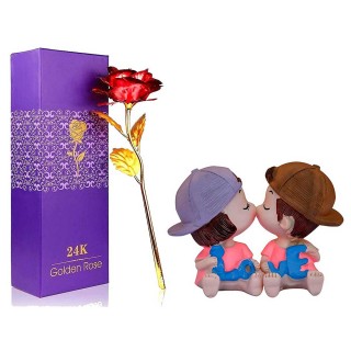 Artificial Golden Rose And Love Couple Showpiece