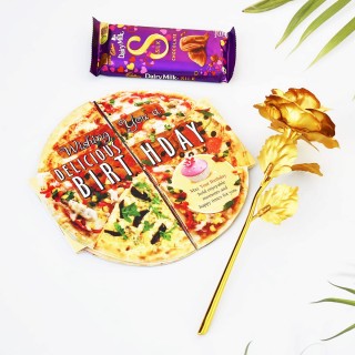 Happy Birthday Gift Combo - Pizza Theme Birthday Greeting Card, Golden Rose and Silk Chocolate