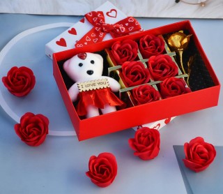 Artifical Golden Rose with Teddy Bear Gift Box for Girlfriend, Boyfriend, Wife, and Husband