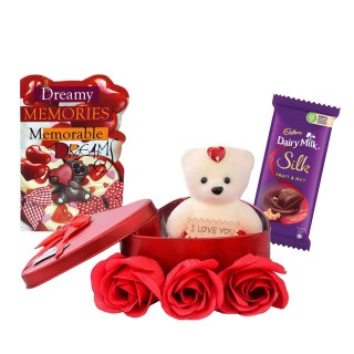 Love Gift for Girlfriend, Boyfriend - Love Card, Heart Shape Box with Small Teddy, 3 Red Rose Flowers, Chocolate - Valentine Day Gift
