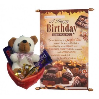 Birthday Combo Gift - Love Scroll Card & Gift Basket With Chocolate And Teddy Bear