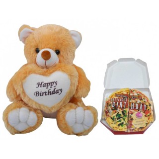 Happy Birthday Teddy With Pizza Themed Greeting Card