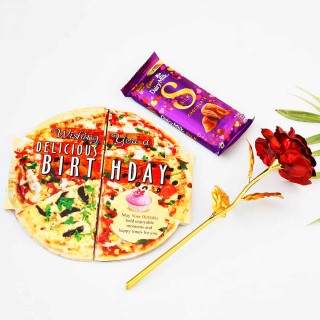Birthday Gift Combo - Pizza Theme Birthday Card, Golden Red Rose and Silk Chocolate