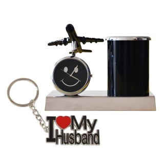 Gift for Husband - Aeroplane Table Clock with Pen Stand Showpiece and I Love My Husband Keychain